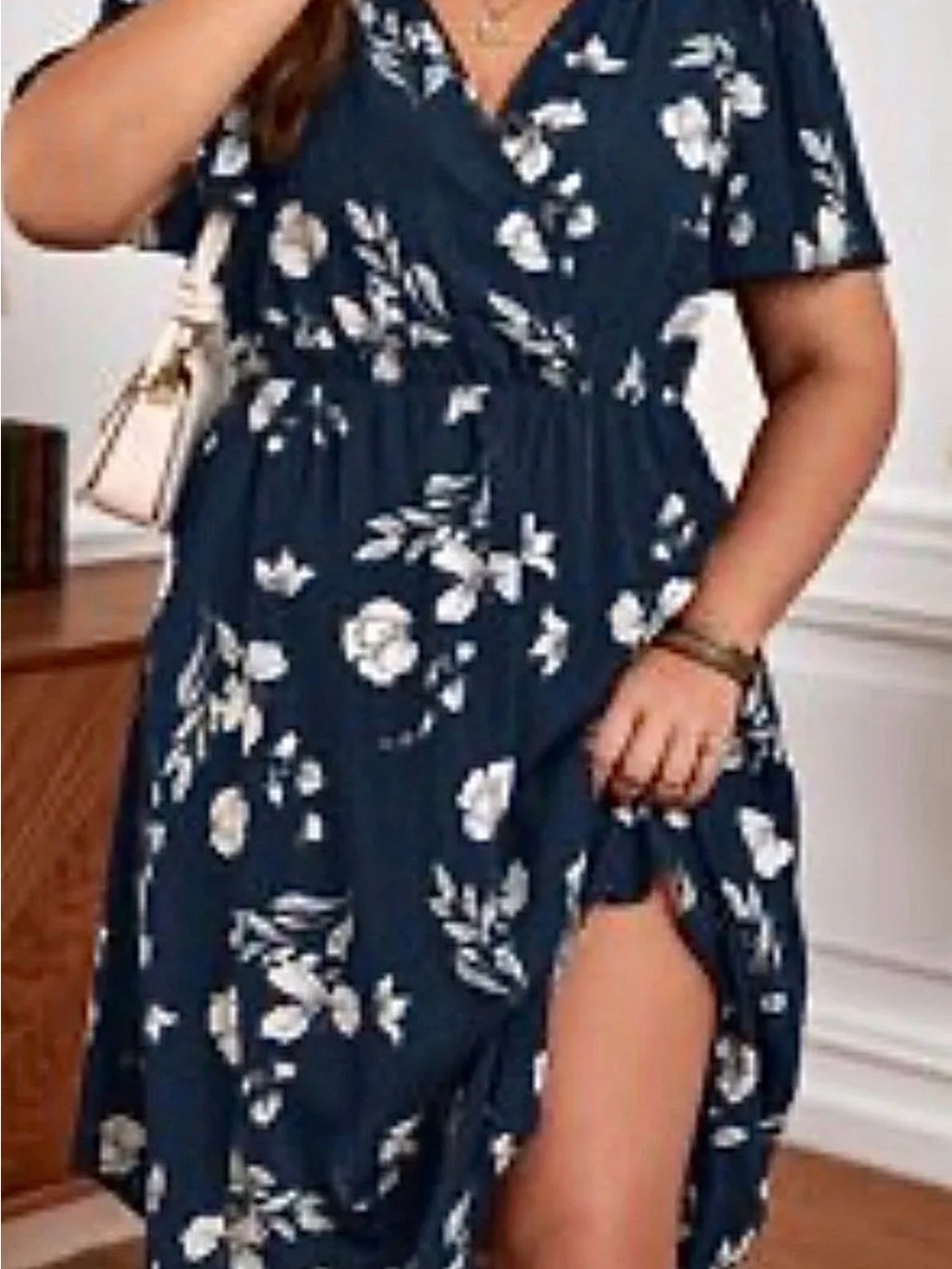 SHEIN Navy and White Floral Wrap High-Low Dress